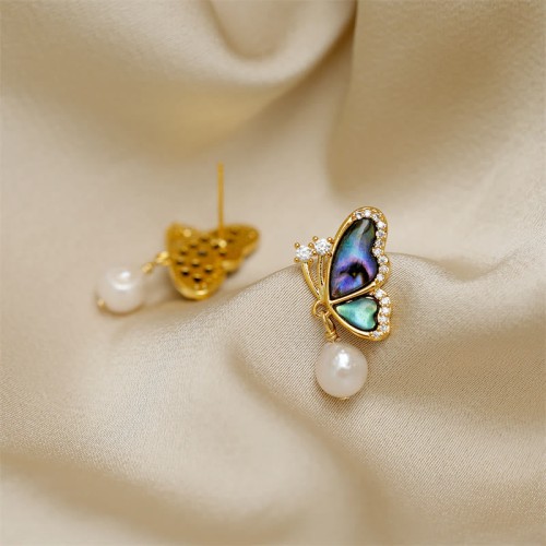 18K Gold-Plated Copper Pearl Butterfly Love Stud Earrings