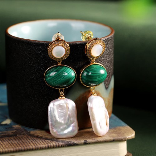 925 Sterling Silver Baroque Pearl Malachite Healing Drop Earrings 925 Sterling Silver Baroque Pearl Malachite Healing Drop Earrings