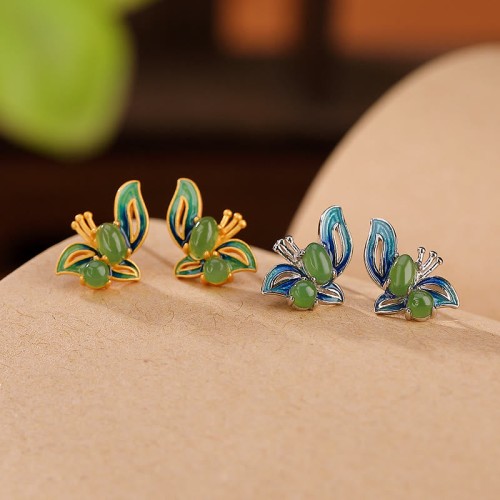 925 Sterling Silver Plated Gold Cyan Jade Butterfly Healing Earrings 925 Sterling Silver Plated Gold Cyan Jade Butterfly Healing Earrings