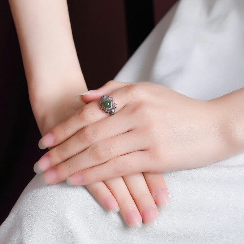 925 Silver Hetian Cyan Jade Hollow Luck Ring Earrings Set 925 Silver Hetian Cyan Jade Hollow Luck Ring Earrings Set