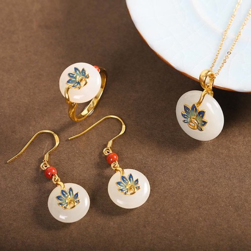925 Sterling Silver Hetian White Jade Peacock Blessing Jewelry Set 925 Sterling Silver Hetian White Jade Peacock Blessing Jewelry Set