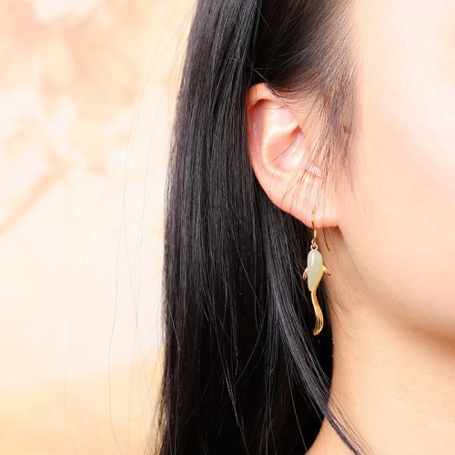 Fish Pattern Jade Luck Drop Earrings Fish Pattern Jade Luck Drop Earrings
