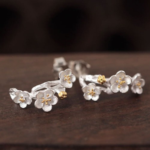 925 Sterling Silver Plum Blossom Floral Blessing Earrings 925 Sterling Silver Plum Blossom Floral Blessing Earrings
