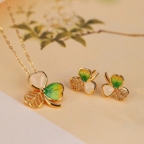 925 Sterling Silver Plated Gold Hetian Jade Shamrock Necklace Earrings 925 Sterling Silver Plated Gold Hetian Jade Shamrock Necklace Earrings