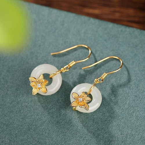 925 Sterling Silver Hetian Jade Peace Orchid Prosperity Earrings