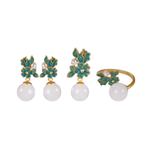 White Jade 925 Sterling Silver Pearl Flower Blessing Jewelry Set White Jade 925 Sterling Silver Pearl Flower Blessing Jewelry Set