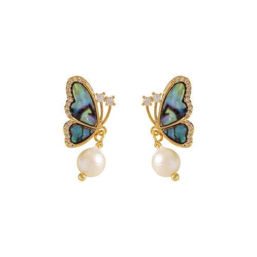 18K Gold-Plated Copper Pearl Butterfly Love Stud Earrings