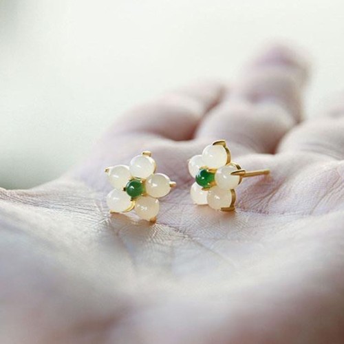 White Jade Flower Luck Blessing Stud Earrings White Jade Flower Luck Blessing Stud Earrings
