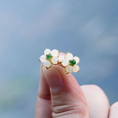 White Jade Flower Luck Blessing Stud Earrings White Jade Flower Luck Blessing Stud Earrings