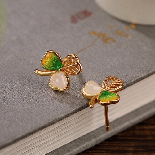 925 Sterling Silver Plated Gold Hetian Jade Shamrock Necklace Earrings 925 Sterling Silver Plated Gold Hetian Jade Shamrock Necklace Earrings