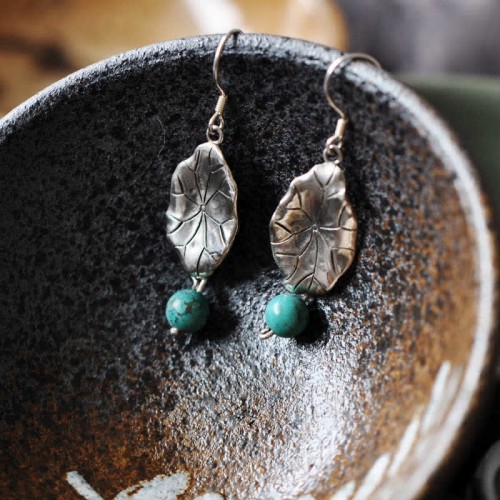 925 Sterling Silver Turquoise Lotus Leaf Protection Earrings 925 Sterling Silver Turquoise Lotus Leaf Protection Earrings