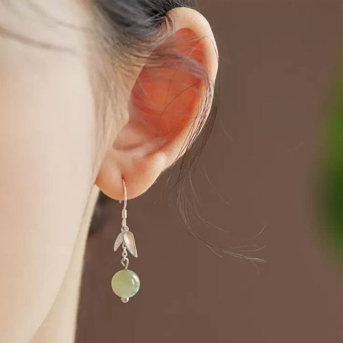 999 Sterling Silver Hetian Jade Bamboo Leaf Luck Earrings 999 Sterling Silver Hetian Jade Bamboo Leaf Luck Earrings