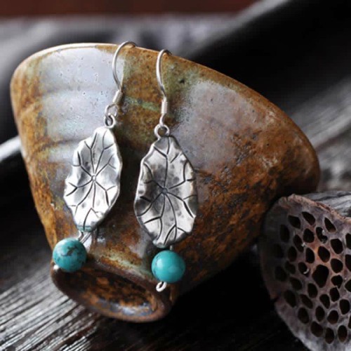 925 Sterling Silver Turquoise Lotus Leaf Protection Earrings 925 Sterling Silver Turquoise Lotus Leaf Protection Earrings