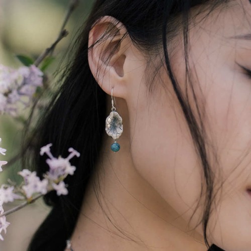 925 Sterling Silver Turquoise Lotus Leaf Protection Earrings 925 Sterling Silver Turquoise Lotus Leaf Protection Earrings
