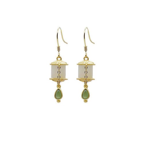 925 Sterling Silver Jade Prayer Wheel Luck Drop Earrings 925 Sterling Silver Jade Prayer Wheel Luck Drop Earrings