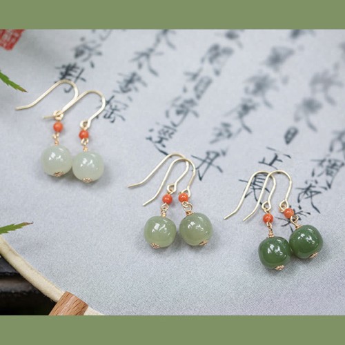 925 Sterling Silver 14K Gold-Plated Hetian Jade Red Agate Luck Earrings 925 Sterling Silver 14K Gold-Plated Hetian Jade Red Agate Luck Earrings