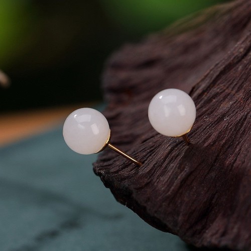 925 Sterling Silver Round White Jade Blessing Stud Earrings 925 Sterling Silver Round White Jade Blessing Stud Earrings