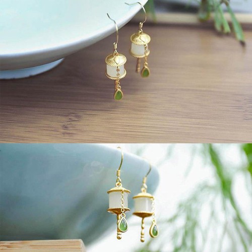 925 Sterling Silver Jade Prayer Wheel Luck Drop Earrings 925 Sterling Silver Jade Prayer Wheel Luck Drop Earrings