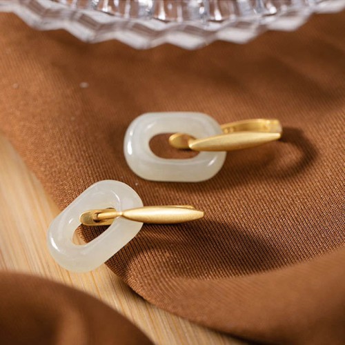 925 Silver Round White Jade Happiness Earrings