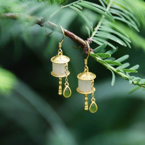 925 Sterling Silver Jade Prayer Wheel Luck Drop Earrings 925 Sterling Silver Jade Prayer Wheel Luck Drop Earrings