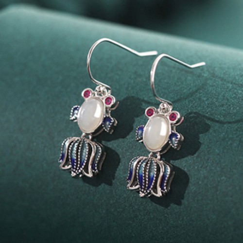 925 Sterling Silver Hetian White Jade Red Agate Fish Happiness Earrings 925 Sterling Silver Hetian White Jade Red Agate Fish Happiness Earrings