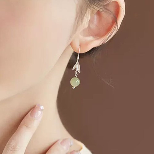 999 Sterling Silver Hetian Jade Bamboo Leaf Luck Earrings 999 Sterling Silver Hetian Jade Bamboo Leaf Luck Earrings
