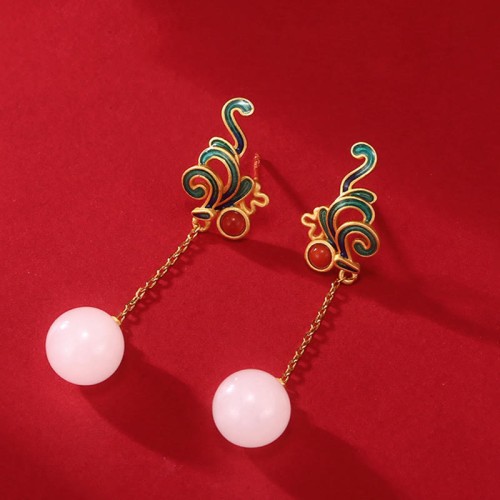 Vintage White Jade Red Agate Blessing Drop Earrings