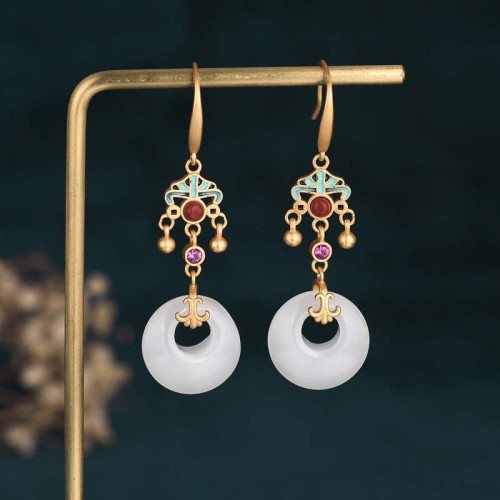 Feng Shui White Jade Blessing Earrings