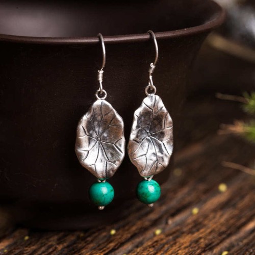 925 Sterling Silver Turquoise Lotus Leaf Protection Earrings 925 Sterling Silver Turquoise Lotus Leaf Protection Earrings