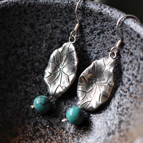925 Sterling Silver Turquoise Lotus Leaf Protection Earrings 925 Sterling Silver Turquoise Lotus Leaf Protection Earrings