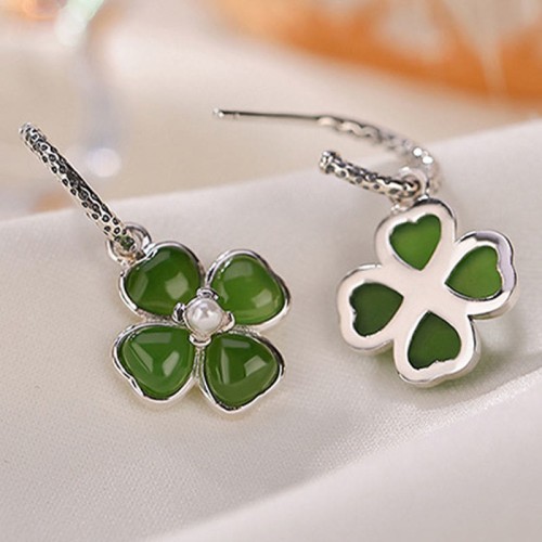 925 Sterling Silver Cyan Jade Four Leaf Clover Luck Earrings 925 Sterling Silver Cyan Jade Four Leaf Clover Luck Earrings