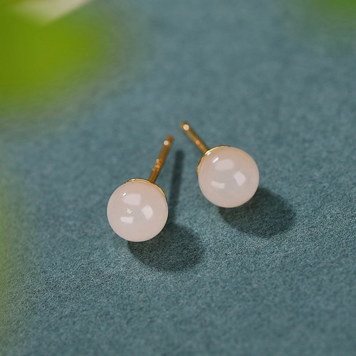 925 Sterling Silver Round White Jade Blessing Stud Earrings 925 Sterling Silver Round White Jade Blessing Stud Earrings