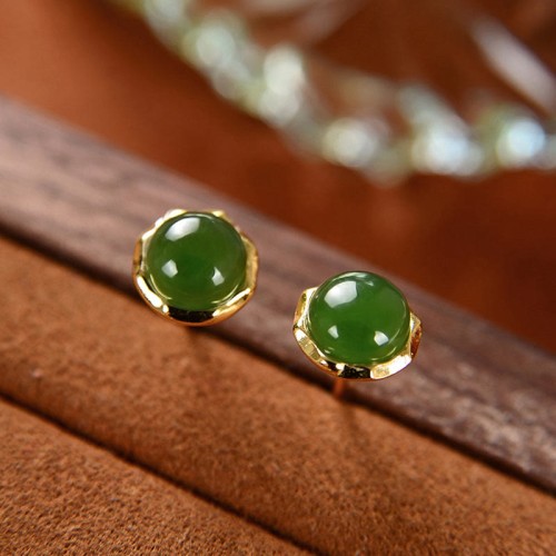 925 Sterling Silver Gold-Plated Hetian Cyan Jade Luck Stud Earrings 925 Sterling Silver Gold-Plated Hetian Cyan Jade Luck Stud Earrings