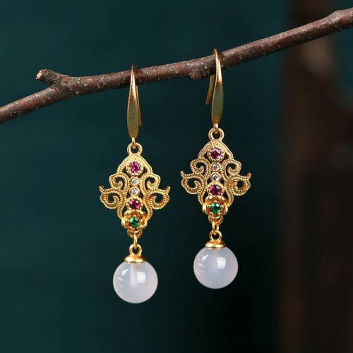 24K Gold Plated Round Chalcedony Positive Earrings 24K Gold Plated Round Chalcedony Positive Earrings