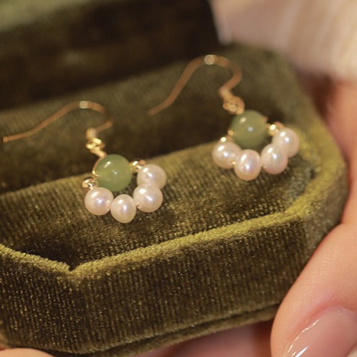 Cyan Jade Pearl Bead Luck Drop Earrings Cyan Jade Pearl Bead Luck Drop Earrings