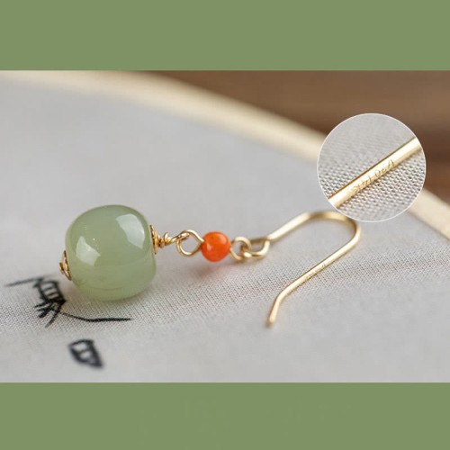 925 Sterling Silver 14K Gold-Plated Hetian Jade Red Agate Luck Earrings 925 Sterling Silver 14K Gold-Plated Hetian Jade Red Agate Luck Earrings