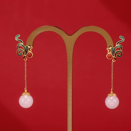 Vintage White Jade Red Agate Blessing Drop Earrings