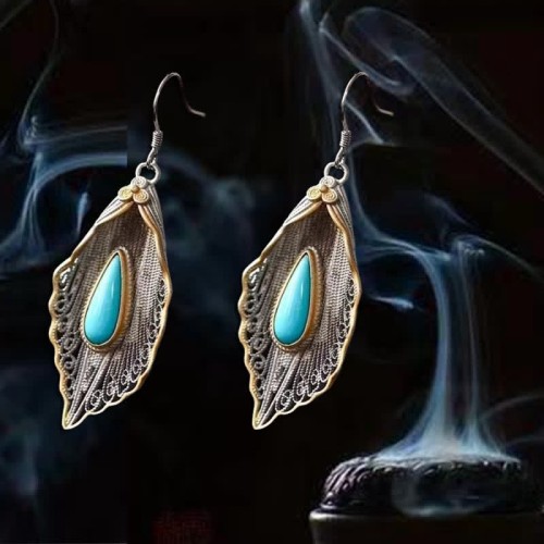 925 Sterling Silver Turquoise Bodhi Leaf Protection Drop Earrings 925 Sterling Silver Turquoise Bodhi Leaf Protection Drop Earrings