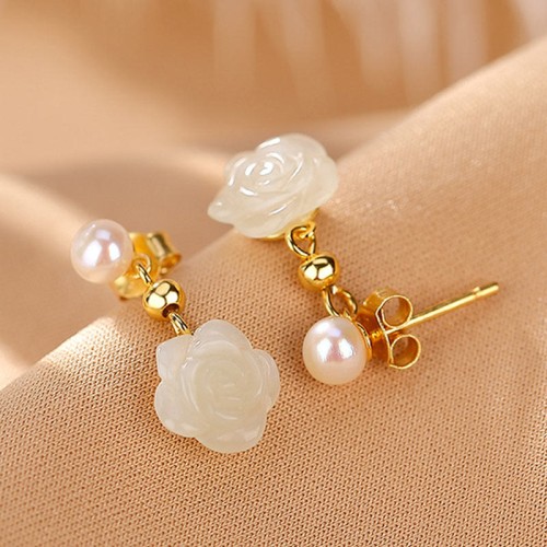 925 Sterling Silver Plated Gold Jade Rose Flower Cyan Jade Pearl Earrings 925 Sterling Silver Plated Gold Jade Rose Flower Cyan Jade Pearl Earrings