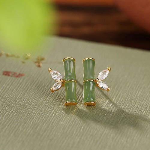 925 Sterling Silver Hetian Cyan Jade Bamboo Luck Stud Earrings 925 Sterling Silver Hetian Cyan Jade Bamboo Luck Stud Earrings