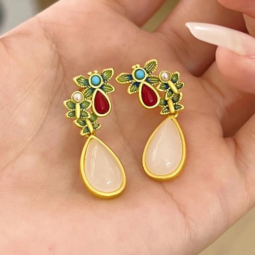 White Jade Red Agate Butterfly Protection Drop Earrings White Jade Red Agate Butterfly Protection Drop Earrings