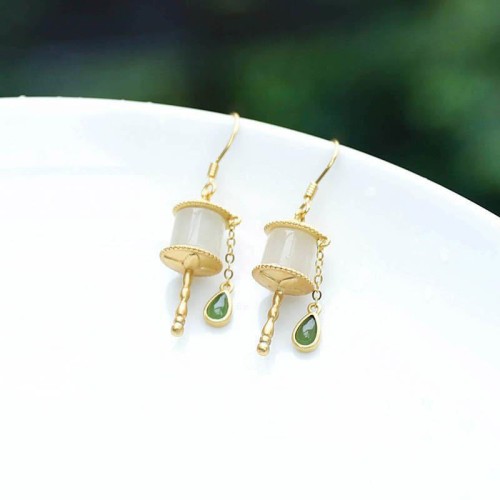 925 Sterling Silver Jade Prayer Wheel Luck Drop Earrings 925 Sterling Silver Jade Prayer Wheel Luck Drop Earrings