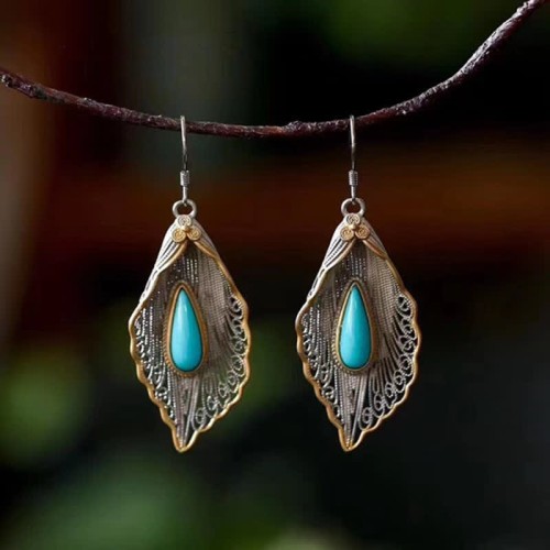 925 Sterling Silver Turquoise Bodhi Leaf Protection Drop Earrings 925 Sterling Silver Turquoise Bodhi Leaf Protection Drop Earrings