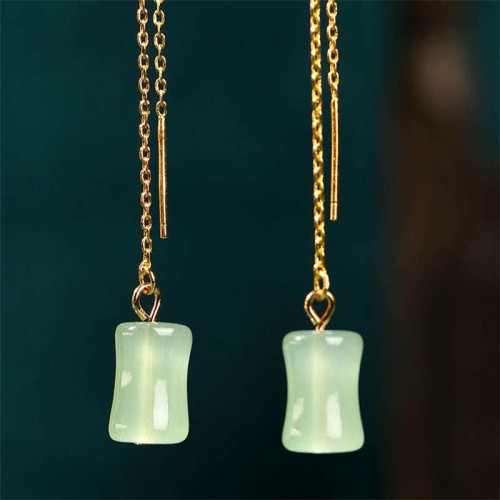 Jade Bamboo Pattern Luck Drop Earrings Jade Bamboo Pattern Luck Drop Earrings
