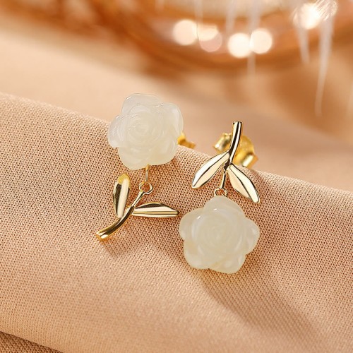 925 Sterling Silver Plated Gold Jade Rose Flower Cyan Jade Pearl Earrings 925 Sterling Silver Plated Gold Jade Rose Flower Cyan Jade Pearl Earrings