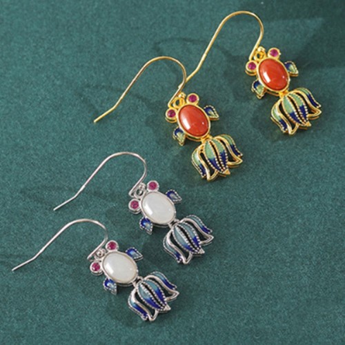 925 Sterling Silver Hetian White Jade Red Agate Fish Happiness Earrings 925 Sterling Silver Hetian White Jade Red Agate Fish Happiness Earrings