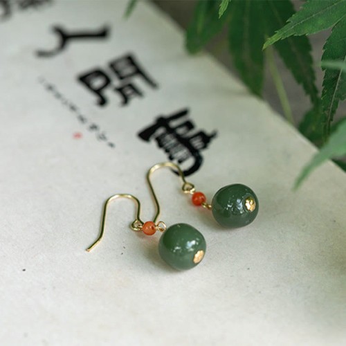 925 Sterling Silver 14K Gold-Plated Hetian Jade Red Agate Luck Earrings 925 Sterling Silver 14K Gold-Plated Hetian Jade Red Agate Luck Earrings