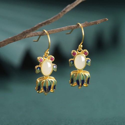925 Sterling Silver Hetian White Jade Red Agate Fish Happiness Earrings 925 Sterling Silver Hetian White Jade Red Agate Fish Happiness Earrings