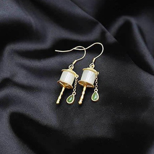 925 Sterling Silver Jade Prayer Wheel Luck Drop Earrings 925 Sterling Silver Jade Prayer Wheel Luck Drop Earrings