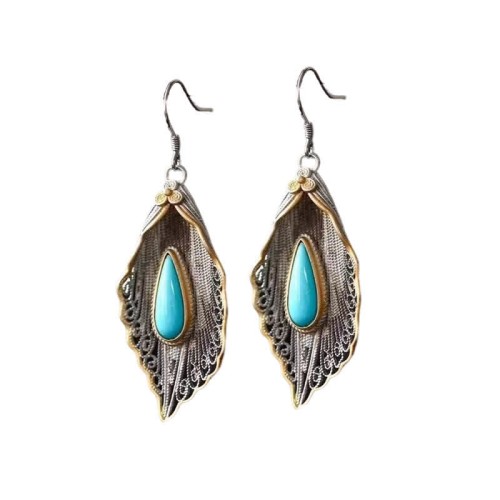 925 Sterling Silver Turquoise Bodhi Leaf Protection Drop Earrings 925 Sterling Silver Turquoise Bodhi Leaf Protection Drop Earrings